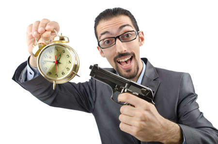 Businessman killing the time on whiteの写真素材