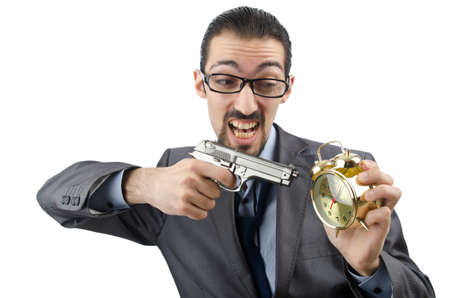 Businessman killing the time on whiteの写真素材