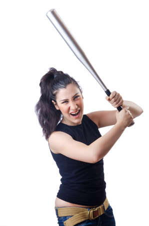 Woman criminal with bat on whiteの写真素材