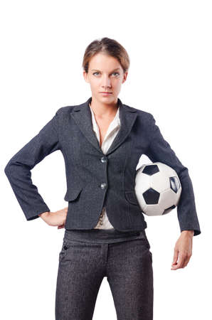 Businesswoman with football on whiteの写真素材