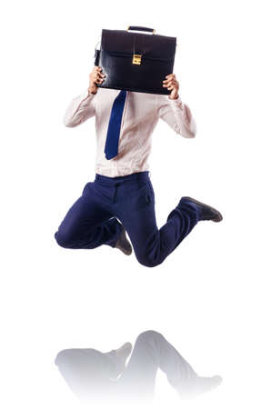 Naked businessman jumping on whiteの写真素材