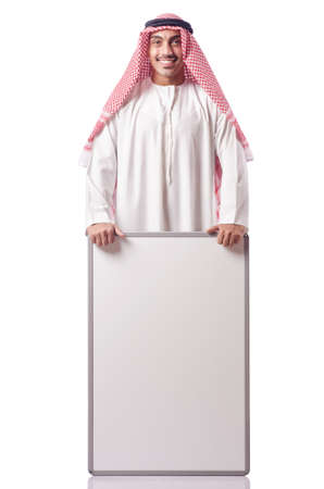 Arab man with blank board on whiteの写真素材