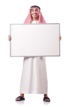 Arab man with blank board on whiteの写真素材