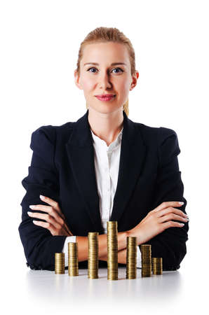 Businesswoman with coins on whiteの写真素材