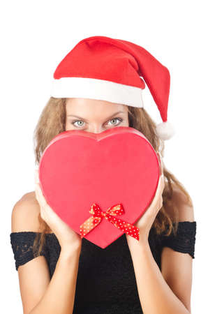Young santa with giftbox on whiteの写真素材