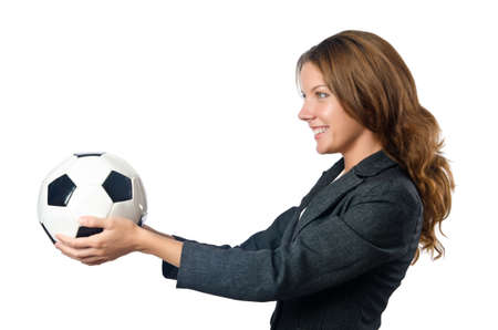 Businesswoman with football on whiteの写真素材