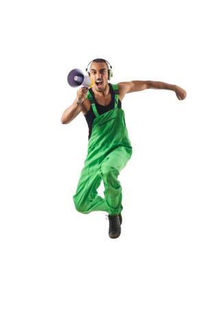 Construction worker jumping and dancingの写真素材