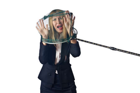 Woman with net isolated on whiteの写真素材