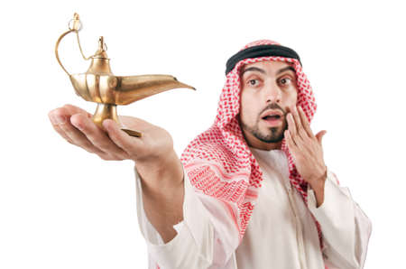 Arab man with lamp isolated on whiteの写真素材