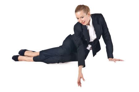 Woman businesswoman sitting on virtual wallの写真素材