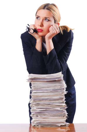 Woman businesswoman with lots of papersの写真素材