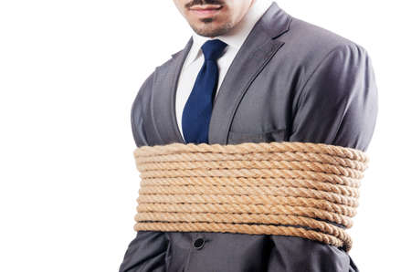 Man tied up with rope on white