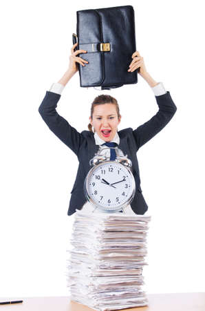Woman businesswoman with giant alarm clockの写真素材