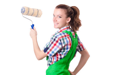 Woman painter with paintbrush on whiteの写真素材