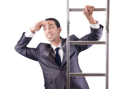 Businessman climbing the ladder isolated on whiteの写真素材