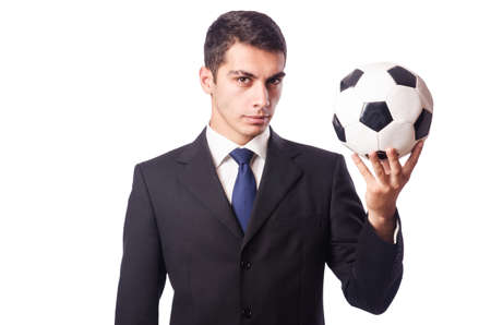 Young businessman with football on whiteの写真素材
