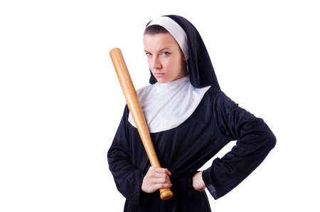 Nun with baseball bat on whiteの写真素材