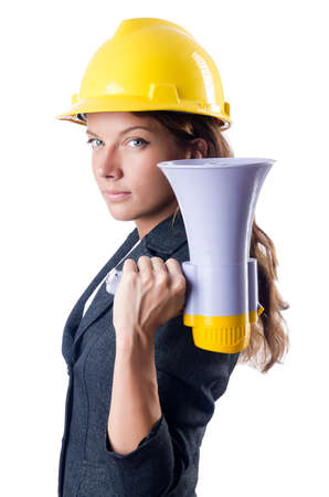 Female construction worker with loudspeakerの写真素材