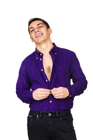 Male model with shirt isolated on whiteの写真素材