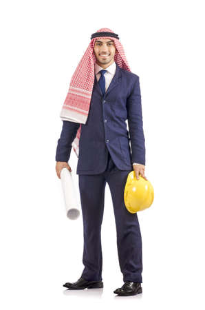 Arab engineer with drawings on whiteの写真素材