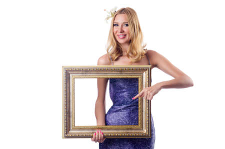 Woman with picture frame on whiteの写真素材