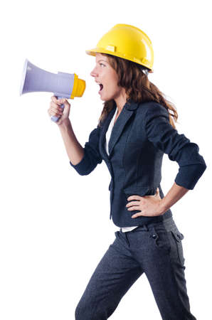 Female construction worker with loudspeakerの写真素材