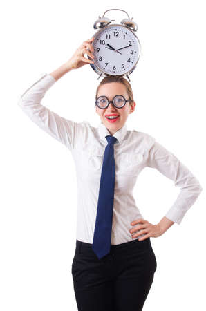 Nerd businesswoman with gian alarm clockの写真素材
