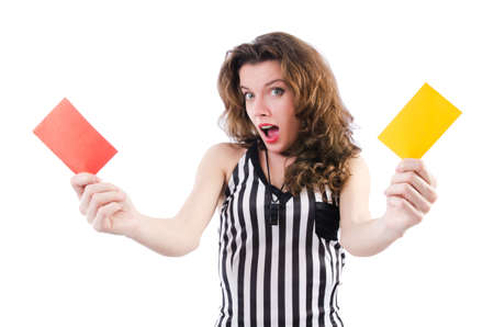 Woman referee with card on whiteの写真素材
