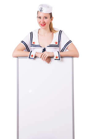 Woman sailor with blank board on whiteの写真素材