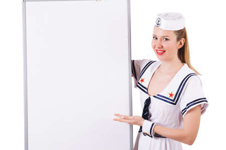 Woman sailor with blank board on whiteの写真素材