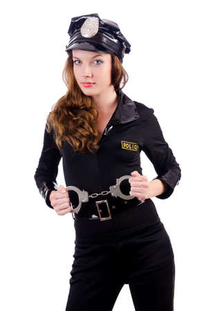 Woman police with handcuffs on whiteの写真素材