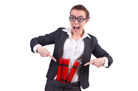 Businesswoman with dynamite on white