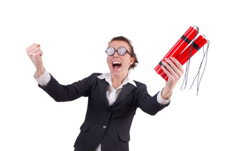 Businesswoman with dynamite on whiteの写真素材