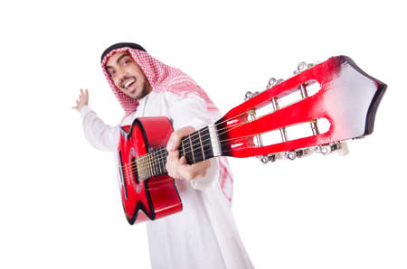 Arab man playing guitar isolated on whiteの写真素材