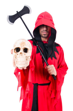 Executioner in red costume with axe on whiteの写真素材