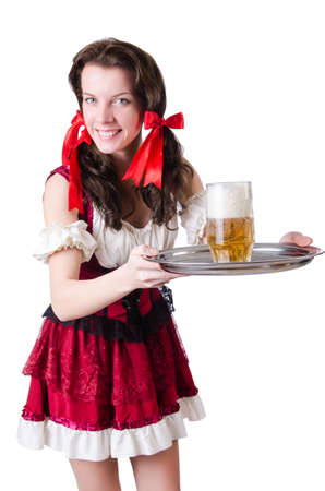 Bavarian girl with tray on whiteの写真素材