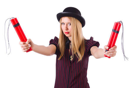 Woman gangster with dynamite sticks on white