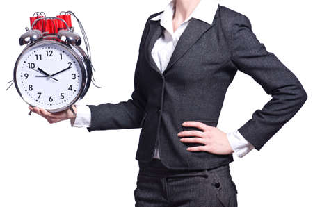 Woman with dynamite and clock on white