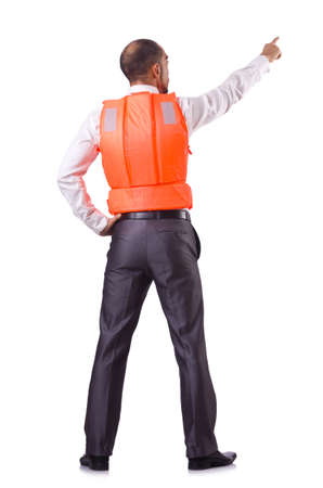 Businessman with rescue safety vest on whiteの写真素材