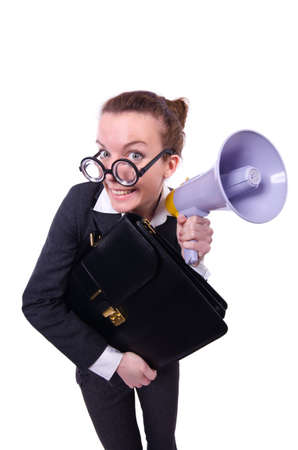 Young businessman with loudspeaker on whiteの写真素材