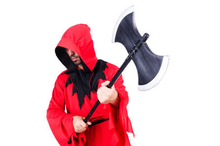 Executioner in red costume with axe on whiteの写真素材