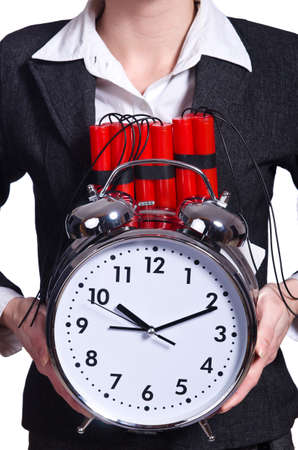 Woman with dynamite and clock on whiteの写真素材