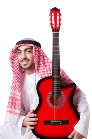 Arab man playing guitar isolated on whiteの写真素材