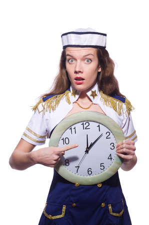 Sailor with clock isolated on whiteの写真素材