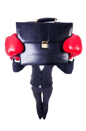 Woman with boxing gloves on whiteの写真素材