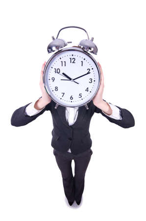 Funny woman with clock on whiteの写真素材
