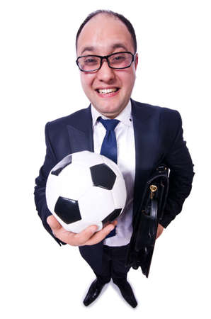 Businessman with football on whiteの写真素材