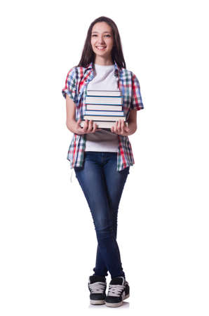 Student girl with many books on whiteの写真素材