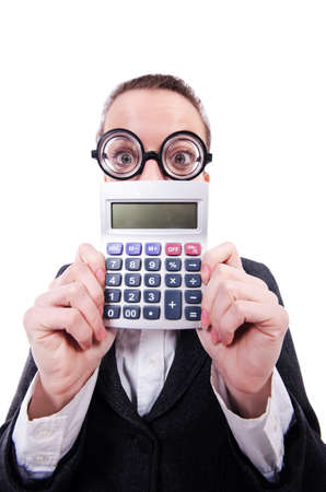Funny accountant with calculator on whiteの写真素材
