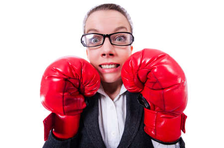Woman with boxing gloves on whiteの写真素材